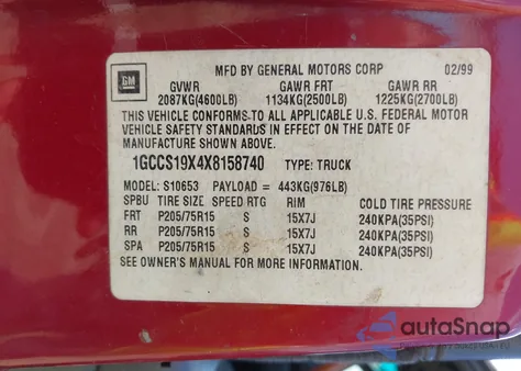 1999 Chevrolet S-10 Ls from USA, damaged, VIN 1GCCS19X4X8158740